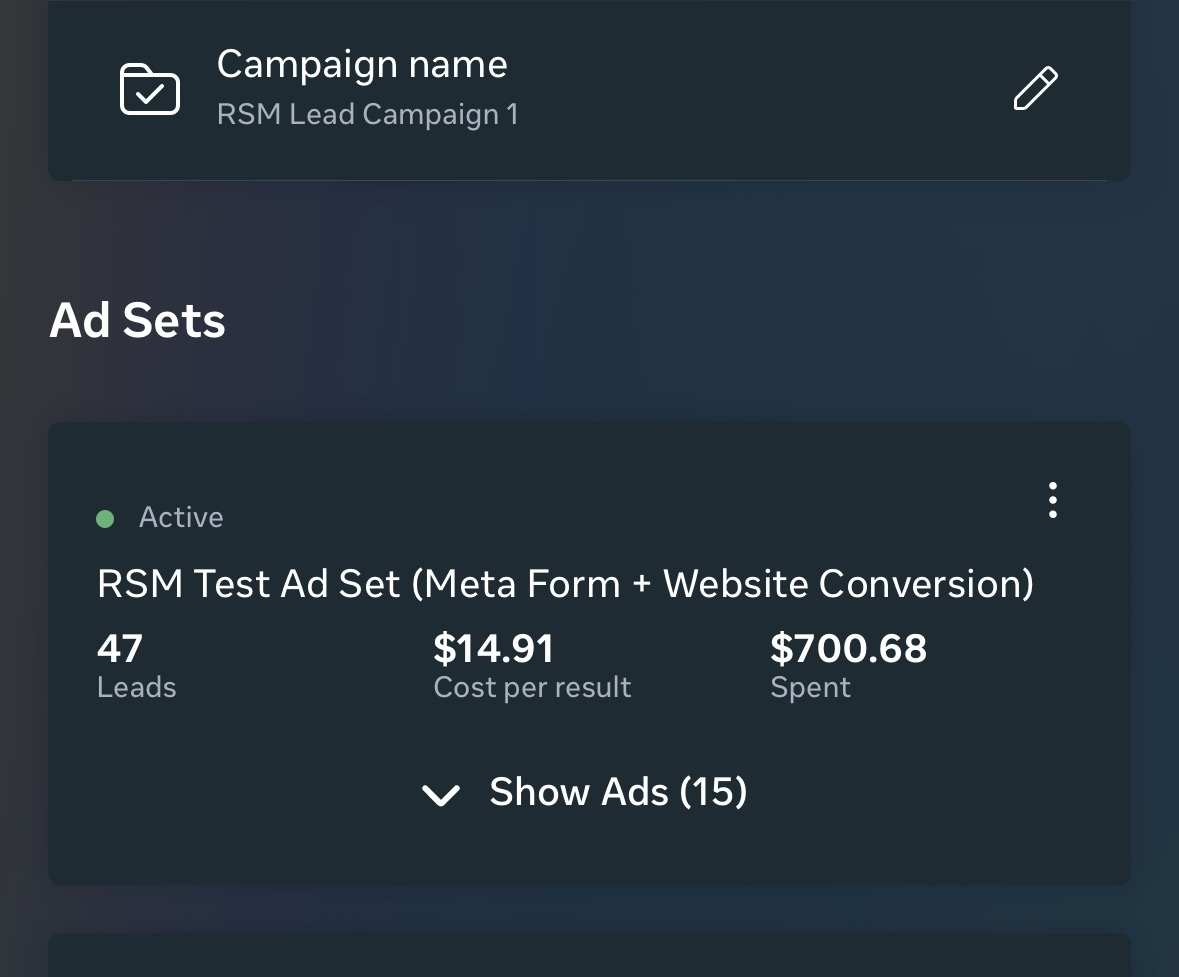 Meta Ads campaign showing 47 leads at a $14.91 cost per lead