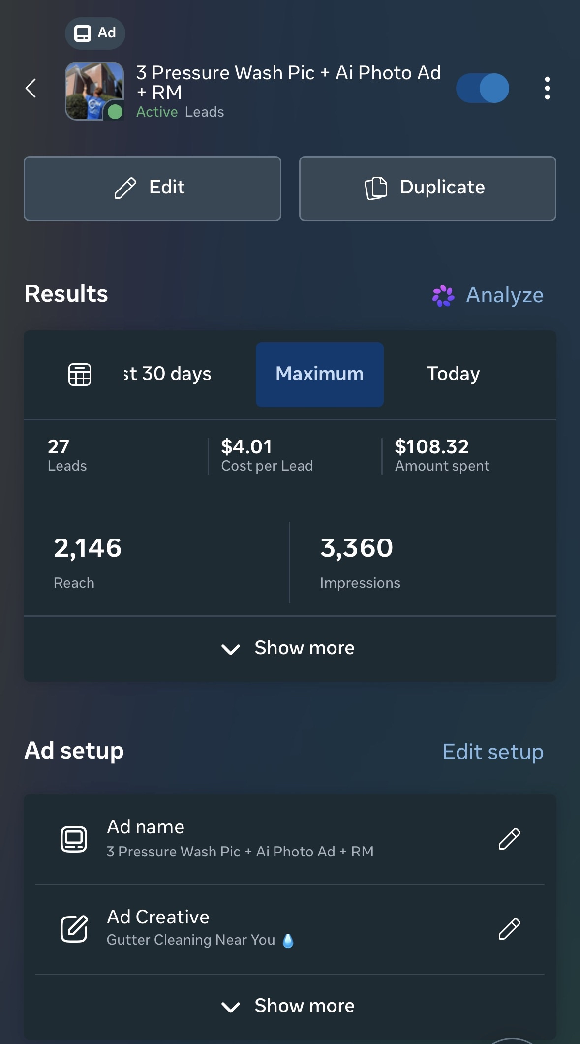 Meta Ads campaign showing 27 leads at a $4.01 cost per lead